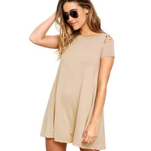 Robe Femme Ete  Women  Loose Solid Mini Dress Hollow Out Short Sleeve Casual T Shirt Dress Women Black/Red/Khaki #63 BL