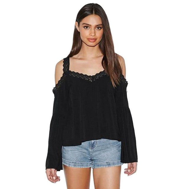 Ropa Mujer  Women   Chiffon Lace Womens Blouse Lace Loose Casual Off Shoulder Women Clothes camisetas mujer #15 BL