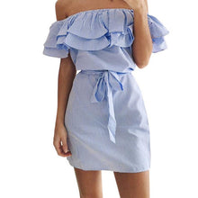 Ruffled Slash Neck Cute Dresses Women vestidos mujer   Women Striped Off The Shoulder Mini Women Dress With Belt #63 BL