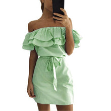 Ruffled Slash Neck Cute Dresses Women vestidos mujer   Women Striped Off The Shoulder Mini Women Dress With Belt #63 BL