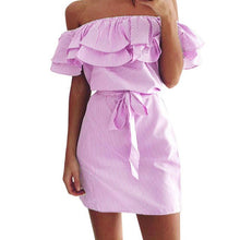 Ruffled Slash Neck Cute Dresses Women vestidos mujer   Women Striped Off The Shoulder Mini Women Dress With Belt #63 BL