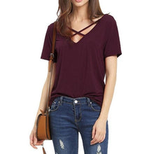 S-3XL Plus Size Women's   Cross Front Tee Tops V-Neck Casual Women Tee Shirt Short Sleeve Solid T Shirt Female #63 BL