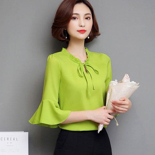 S-4XL Plus Size     Elegant Blouse Bow Tie Shirt Ruffled Collar Butterfly Sleeve Blusas Women Tops BL