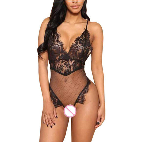 Sexy Backless Bodysuits Women  Sleeveless Lace Mesh Patchwork Deep V Neck Ladies Bodysuits Slim Black Overalls Female #43 BL