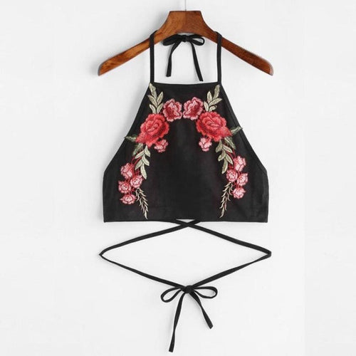 Sexy Halter Neck Bandage Crop Tops Women Flower Embroidery Backless  Tank Top  Short Camisole #23 BL