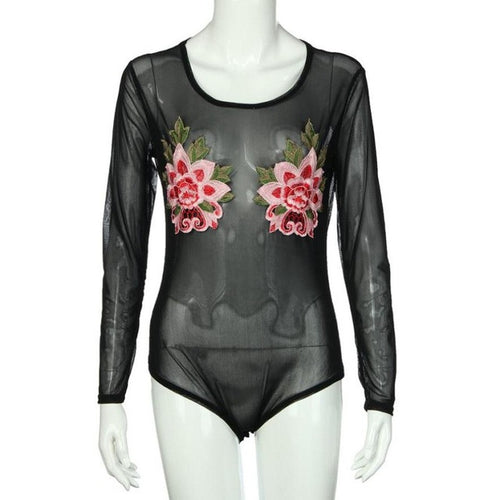 Sexy Long Sleeve Mesh Bodysuit Romper Women  Embroidery Floral Bodycon Jumpsuit Overalls Ladies  One Piece Suit #23 BL