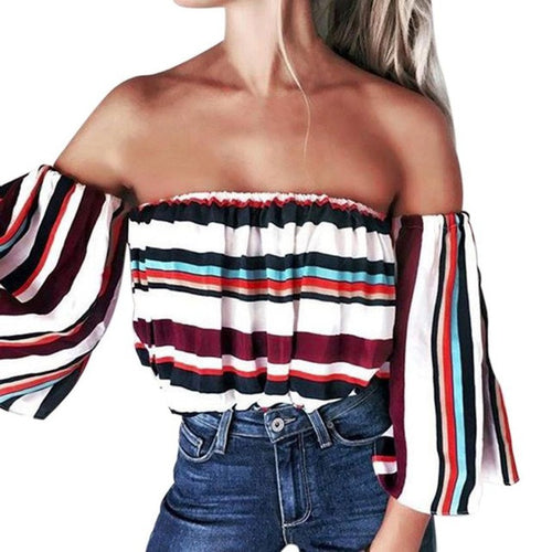 Sexy Off Shoulder  Shirts Women Stripe Long Sleeve Slash Neck Womens Blouses  Tops Women Clothing  #63 BL