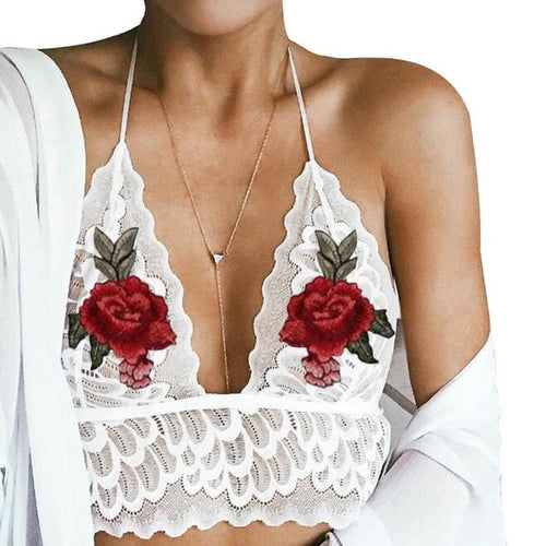 Sexy Short Tank Tops Women Hollow Lace Translucent Embroidery Floral Strap Baic Bra Crop Top Bustier Camis Female  #23 BL