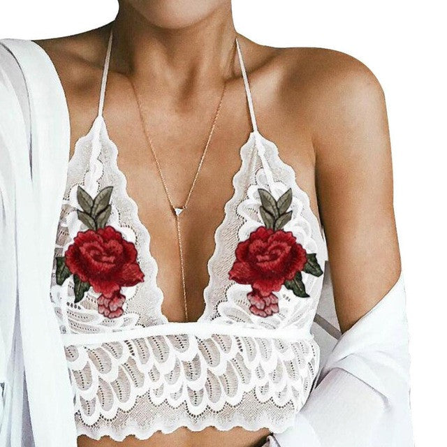 Sexy Short Tank Tops Women Hollow Lace Translucent Embroidery Floral Strap Baic Bra Crop Top Bustier Camis Female  #23 BL