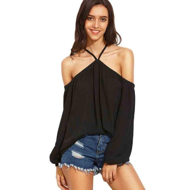 Sexy Women   Off Shoulder Long Sleeve Halter Neck Sling Casual Loose Tops camisetas mujer blouses womens #63 BL