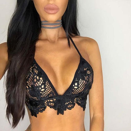Sexy Womens Crop Tops Hollow Out Lace Choker Sheer Bralette Bustier Unpadded Cropped Female Lingerie Balck/White  #63 BL