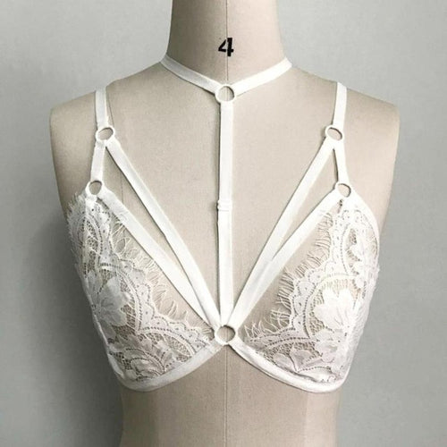 Sexy sexy Bandage Crop Tops For Women Floral Lace Bralette Bustier Crop Top  Sheer Triangle Cropped Female Black/White #23 BL