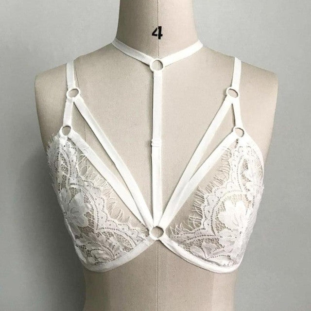 Sexy sexy Bandage Crop Tops For Women Floral Lace Bralette Bustier Crop Top  Sheer Triangle Cropped Female Black/White #23 BL