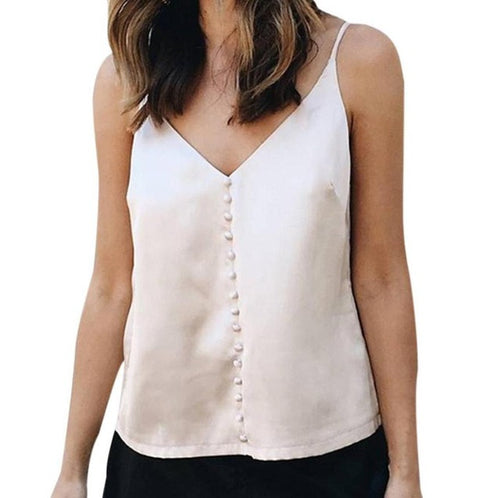 Sleeveless Tank Top Women   Sexy Satin V-Neck Backless Strappy Button Tank Tops #421 BL