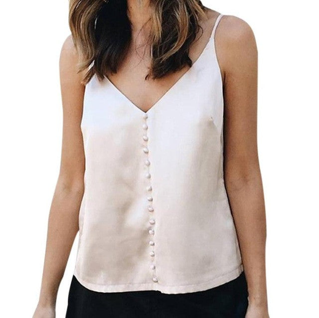 Sleeveless Tank Top Women   Sexy Satin V-Neck Backless Strappy Button Tank Tops #421 BL