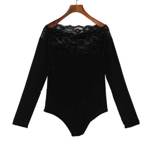 Sexy Lace Elegant Black Off Shoulder Bodysuit Women Long Sleeve Bodycon Slim Rompers Women Macacao Feminino #63 BL