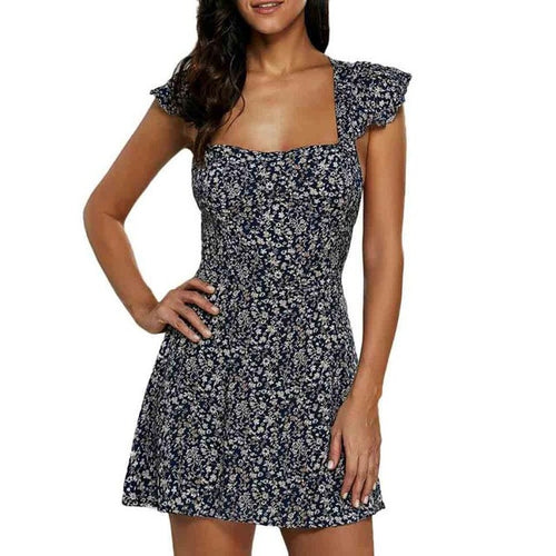 Strapless Vintage Floral Print  Dress Women  Boho Beach Sexy A-Line Dresses Floral Straps Sleeveless Mini Dress #63 BL