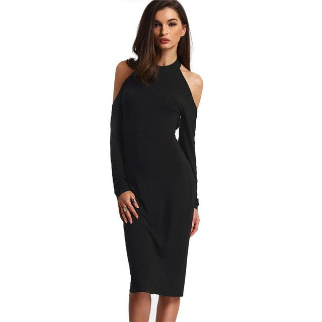 Sexy Women Dress Backless Bodycon Pencil Mid Dress Open Shoulder Long Sleeve Bow Halter Ladies Dresses Black #63 BL