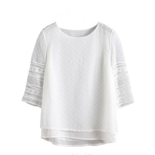 Shirts Women Blouses White Cotton Lace O Neck Three Quarter Sleeve BlouseTops Women Clothing Camisa Mujer #63 BL