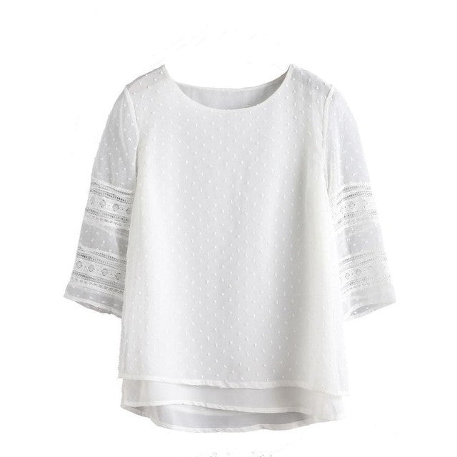 Shirts Women Blouses White Cotton Lace O Neck Three Quarter Sleeve BlouseTops Women Clothing Camisa Mujer #63 BL