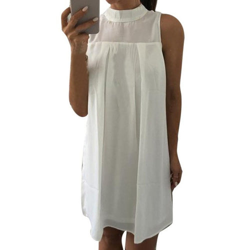 White Casual Loose Dress Women Mini Dress Women Sleeveless High Collar Dress Female vestidos #43 BL