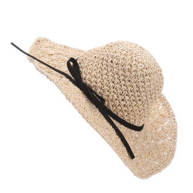Women  Foldable Sun Hat Bowknot Large Brim Straw Beach Sun Hat For Women UV sombreros mujer verano #63 BL