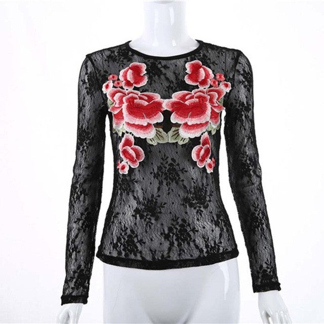 Women  Long Sleeve Embroidered Floral Sexy Perspective Transparent Sexy Tops Ladies Women Blouses #63 BL