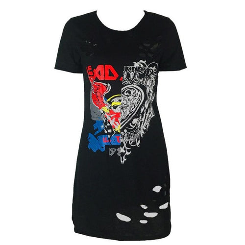 Women Vintage Rock Style Short Sleeve T-Shirt Mini Dress Casual Hollow Print O Neck Womens Dresses Robe Femme #63 BL