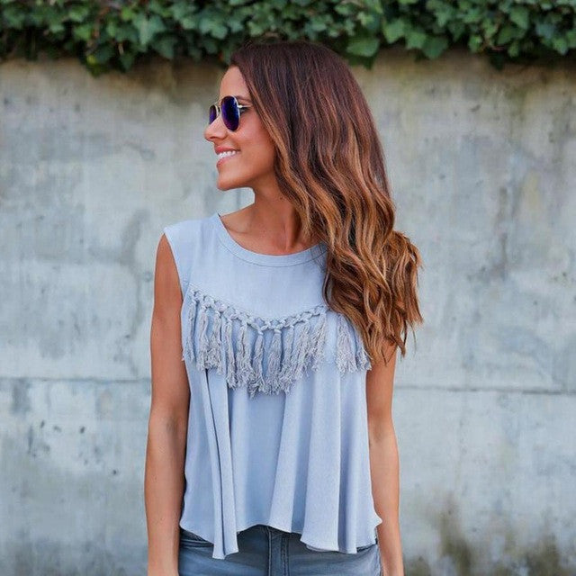 t-shirts Womens   Chiffon Tassels O-Neck Sleeveless Tee Tops Women T Shirt camisetas mujer verano #421 BL