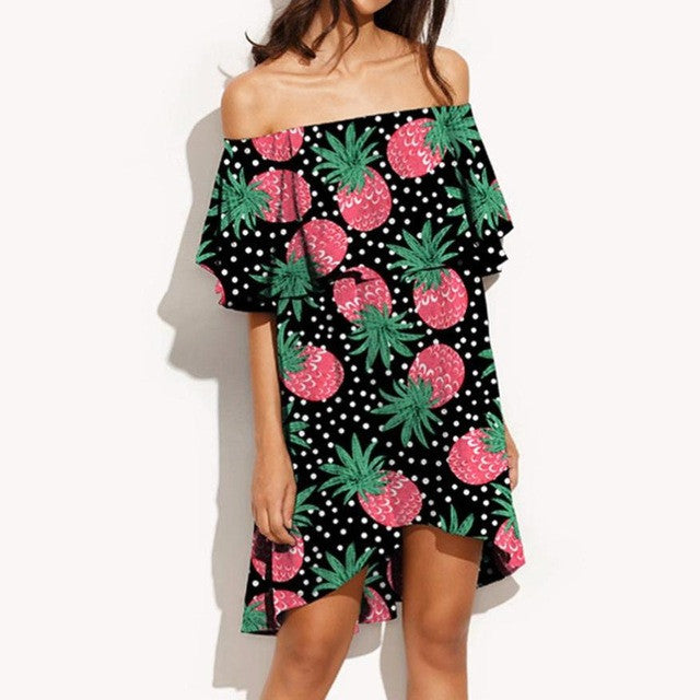 woman dress Slash Neck Off Shoulder Sexy pineapple Print Sleeveless Beach Mini Dress clothes women Robe Ete #23 BL
