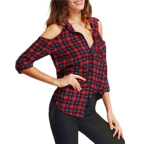 Long Sleeve Casual Plaid Shirt Women Open Shoulder Blouses Womans Shirts Tops Lapel flannel Red Blouse  BL