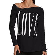 T-shirts Women Casual Tops LOVE Letters Print Off Shoulder Long Sleeve Black White Tee Shirt Femme Tees Tops #1207 BL