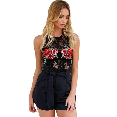 Bodysuits Women Clubwear Embroidered Floral Black Backless Halter Bodycon Sexy Bodysuit Short Jumpsuit Women #63 BL