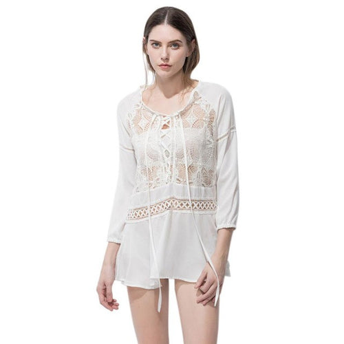 Chiffon Hollow Out Blouses Women Long Sleeve Lacing Up Sexy Lace Blouse Beach Tops Ladies Camisas femininas  #63 BL