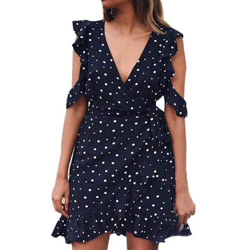 Dress   Ruffle Cold Shoulder Dot Print Dresses Women Chiffon Vintage Bow Mini dress Women White Black #418 BL