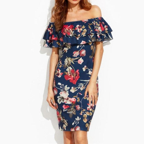 Dress  Women Short Sleeve Floral Print Bodycon Vestidos Mujer Off The Shoulder Ruffle Sheath Dress Clothes Women #23 BL