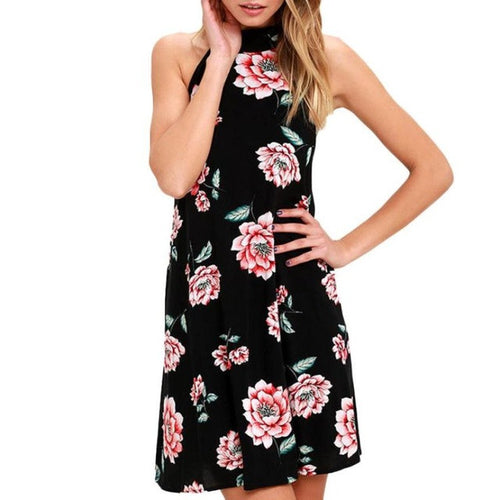 Dress Women  Clothes Women Halter Neck Backless Floral Print A-Line Beach Dresses Ladies vestidos mujer verano #425 BL
