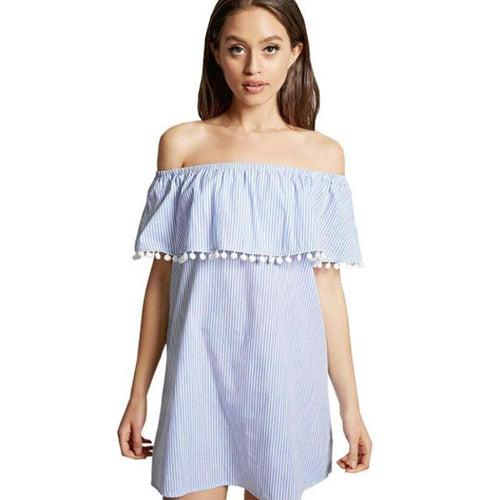 Dress Women  Tassel Blue White Striped Off Shoulde Beach Dress Casual Short Sleeve Loose Women's Dresses #23 BL