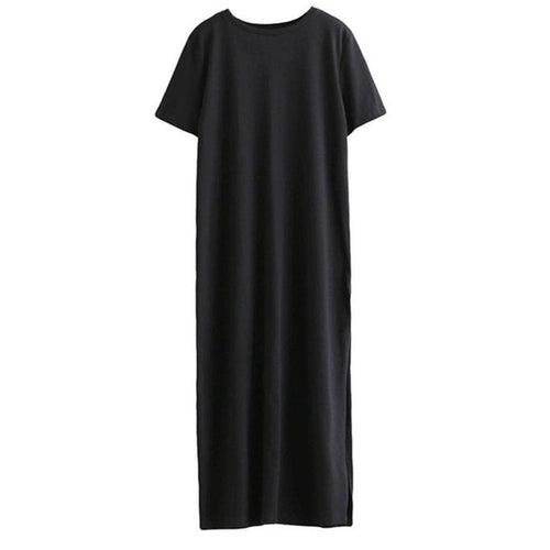 Long Dress Women Side High Splite O Neck Short Sleeve Casual Loose Black Women T Shirt Dress Vestidos #03 BL