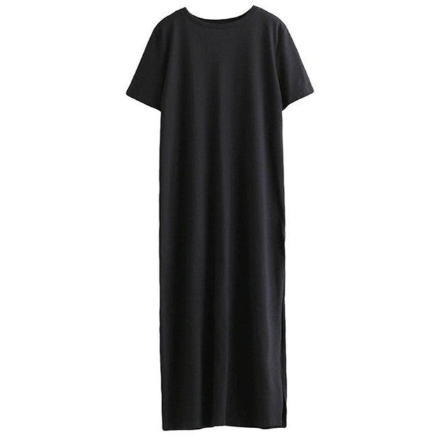Long Dress Women Side High Splite O Neck Short Sleeve Casual Loose Black Women T Shirt Dress Vestidos #03 BL