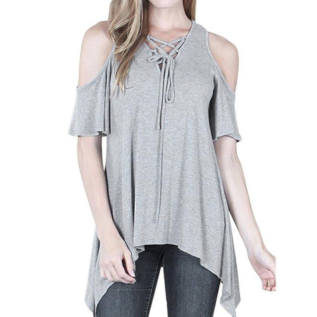 Tee Tops  Ladies Tee Shirts Casual Short Sleeve Cold Shoulder Grey O Neck Asymmetric Hem T-shirt Women #63 BL