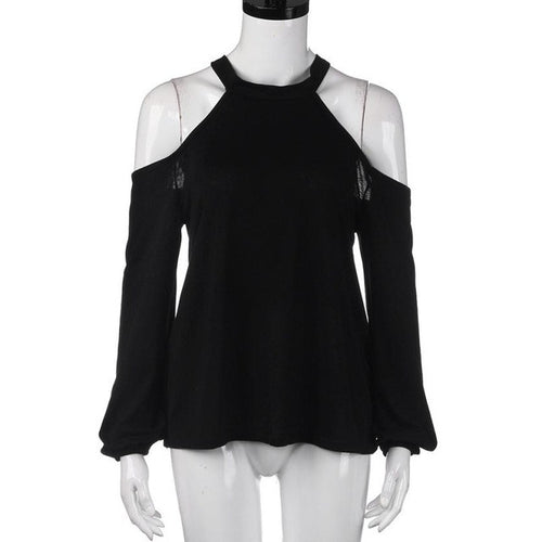 Off Shoulder Halter Neck Black T-shirt Female Long Sleeve Women Top Black Tee Shirt Femme Camisetas Mujer  #63 BL