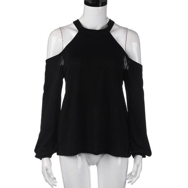 Off Shoulder Halter Neck Black T-shirt Female Long Sleeve Women Top Black Tee Shirt Femme Camisetas Mujer  #63 BL
