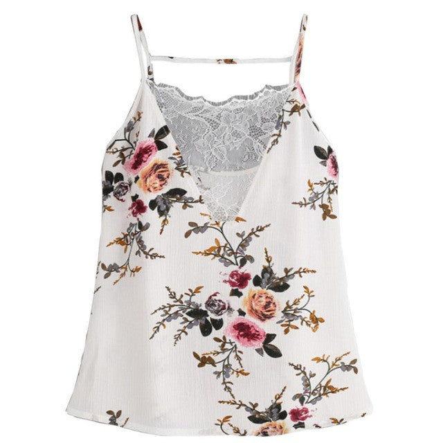 Sexy Backless Lace Stitching Vest  Casual V Neck Sleeveless Flower Print Chiffon Strap Crop Tank Tops Women #416 BL