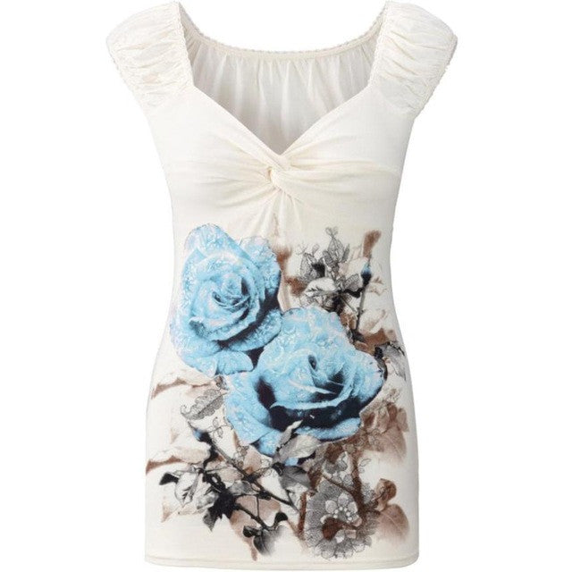 Sleeveless T-Shirts Women T Shirt   V Neck Floral Print Vest Tops Tee Shirt Femme camiseta mujer #425 BL