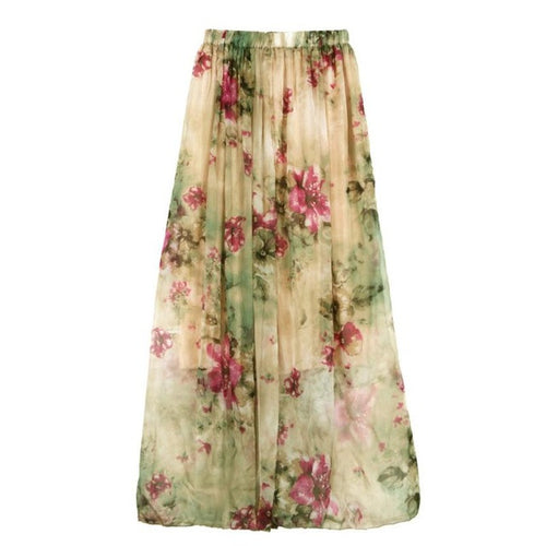 Style  Women Boho Chiffon skirts womens Pleated A-Line Floral Printed Long Skirt Elastic Waist Skirt Saia,Faldas BL