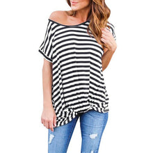 T-Shirt Women Tops  Casual Loose Black Blue Striped Short Sleeve T-shirt Female Women camisetas mujer #63 BL