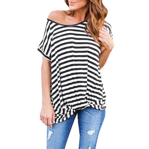 T-Shirt Women Tops  Casual Loose Black Blue Striped Short Sleeve T-shirt Female Women camisetas mujer #63 BL