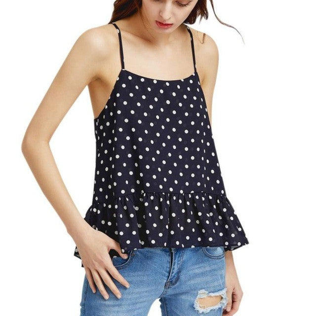 Tank Tops Women  Casual Racerback Ruffle Hem Polka Dot Beach Cami Tops Women #421 BL