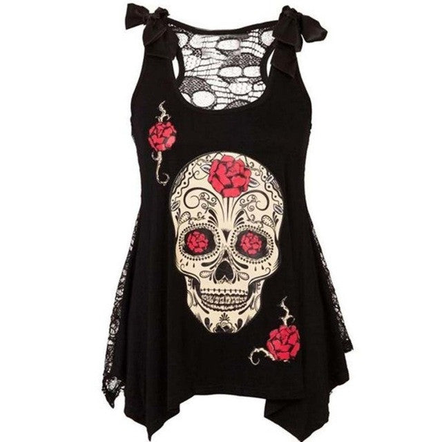 Tops Women  Skull Print Loose Lace Patchwork Bandages Casual Sexy Transparent Sleeveless Tank Tops For Women #23 BL